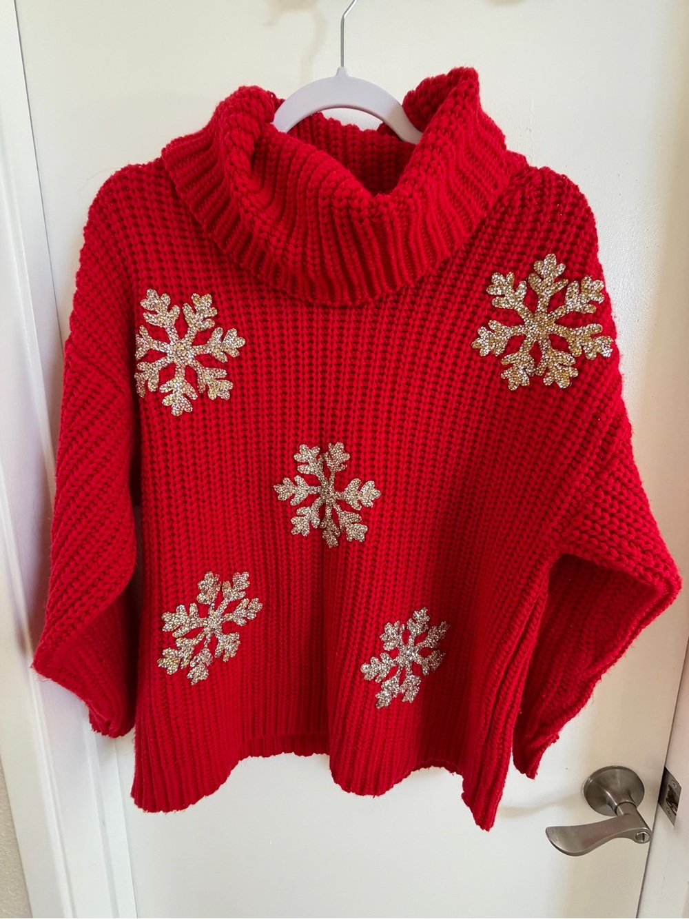 Topshop Red Rhinestone Snowflake Chunky Turtleneck Sweater XS 0-2